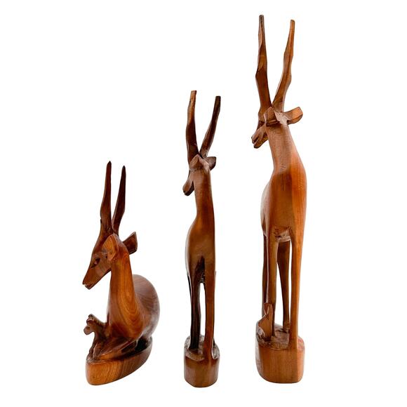 Hand Carved Kenyan Teak Antelope Gazelle Deer Mid Century Wooden Figurines (3) - Picture 3 of 13